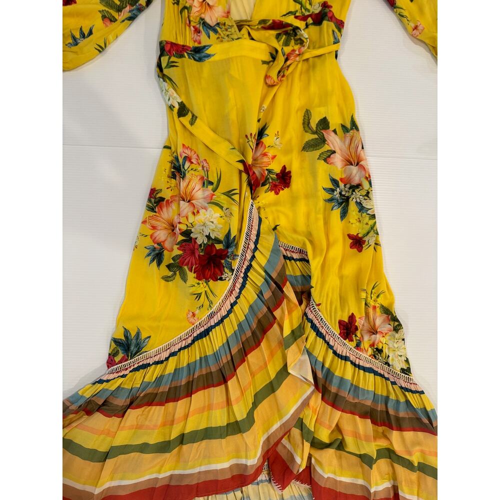 FARM Rio Anthropologie Marketplace Wrap Dress XS Yellow Floral Maxi Resort Boho - Picture 11 of 16